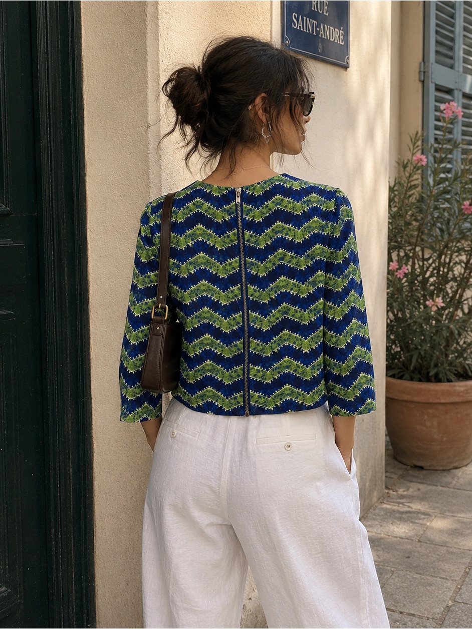 Akkrili Blue Green Chevron Print Cropped Rayon Blouse Medium